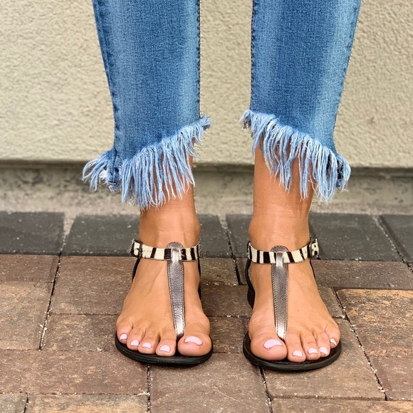 Last One!Leather Pony Hair Strap Distressed Sandal - Picture 2 of 8